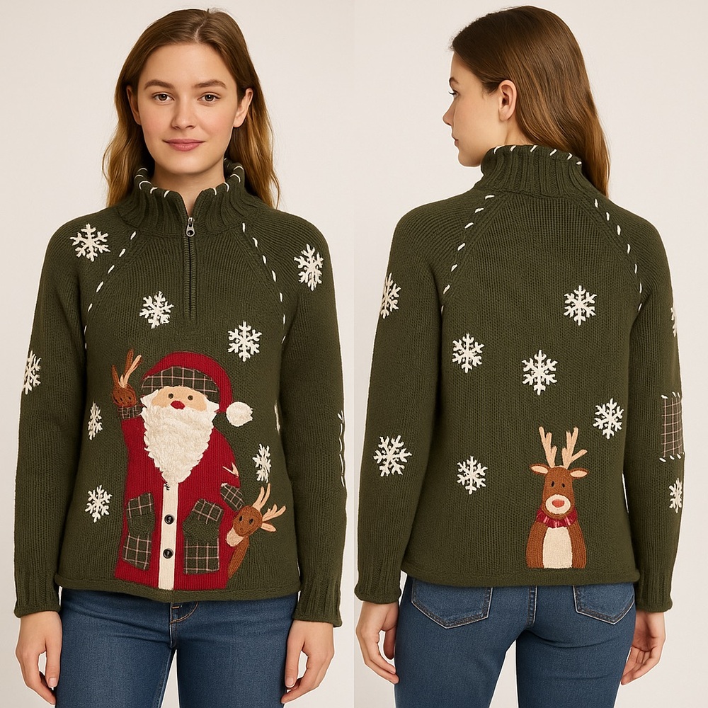 Green Holiday Sweater with Santa and Reindeer Design